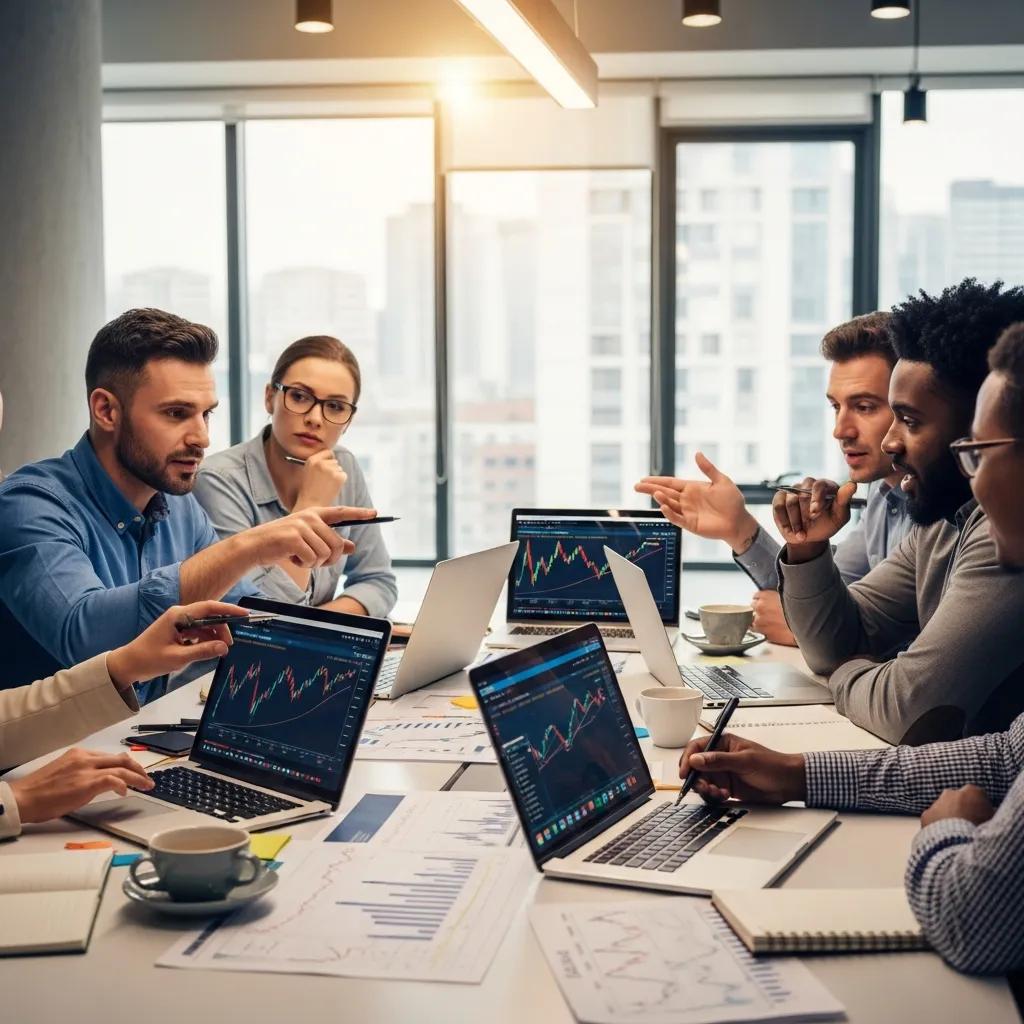 Diverse group discussing forex trading strategies around a table with laptops and charts, emphasizing collaboration