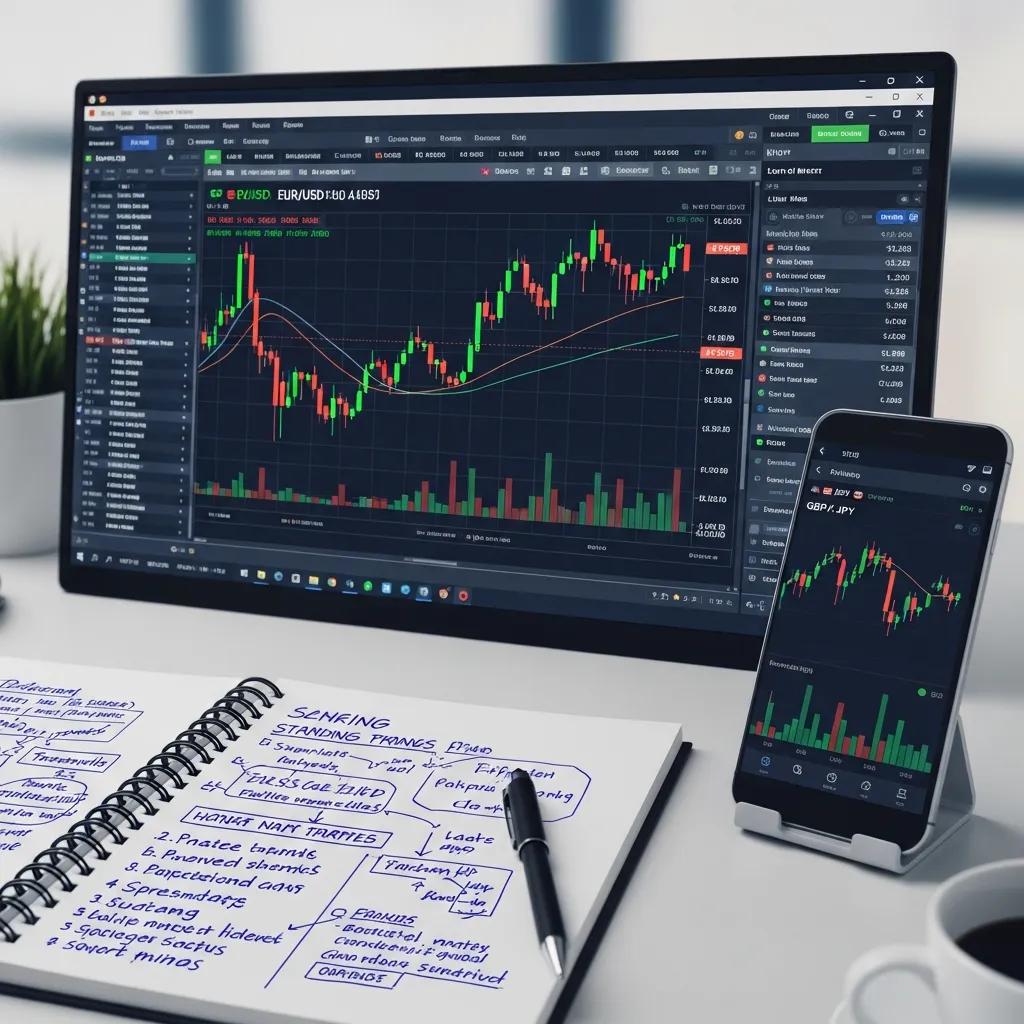 Forex trading setup with a computer screen showing currency pairs and a notepad with strategies, illustrating trading basics